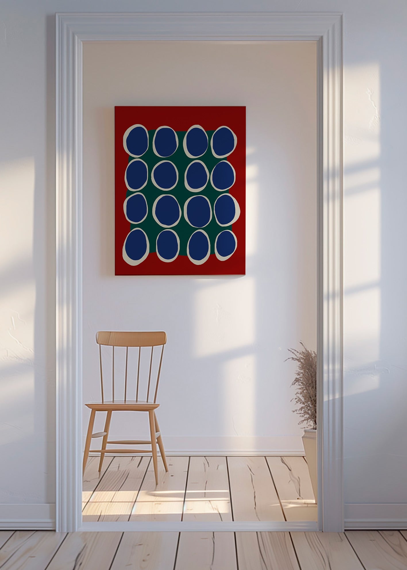 Geometrisk billede med blå ovaler og grønt felt – Canvas