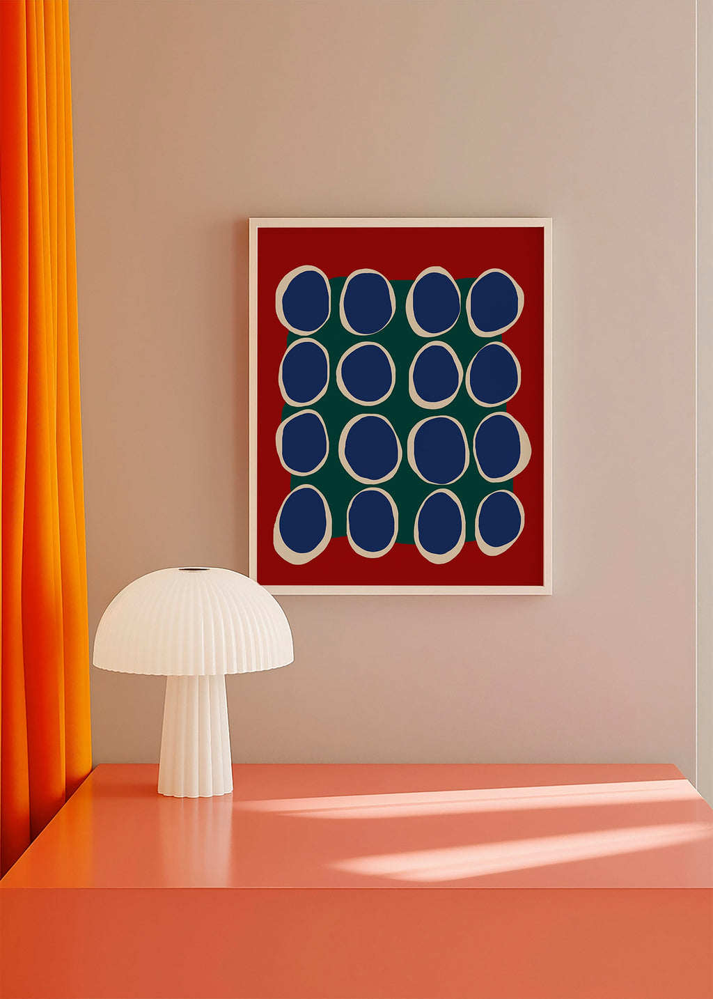 Geometrisk billede med blå ovaler og grønt felt – Product1