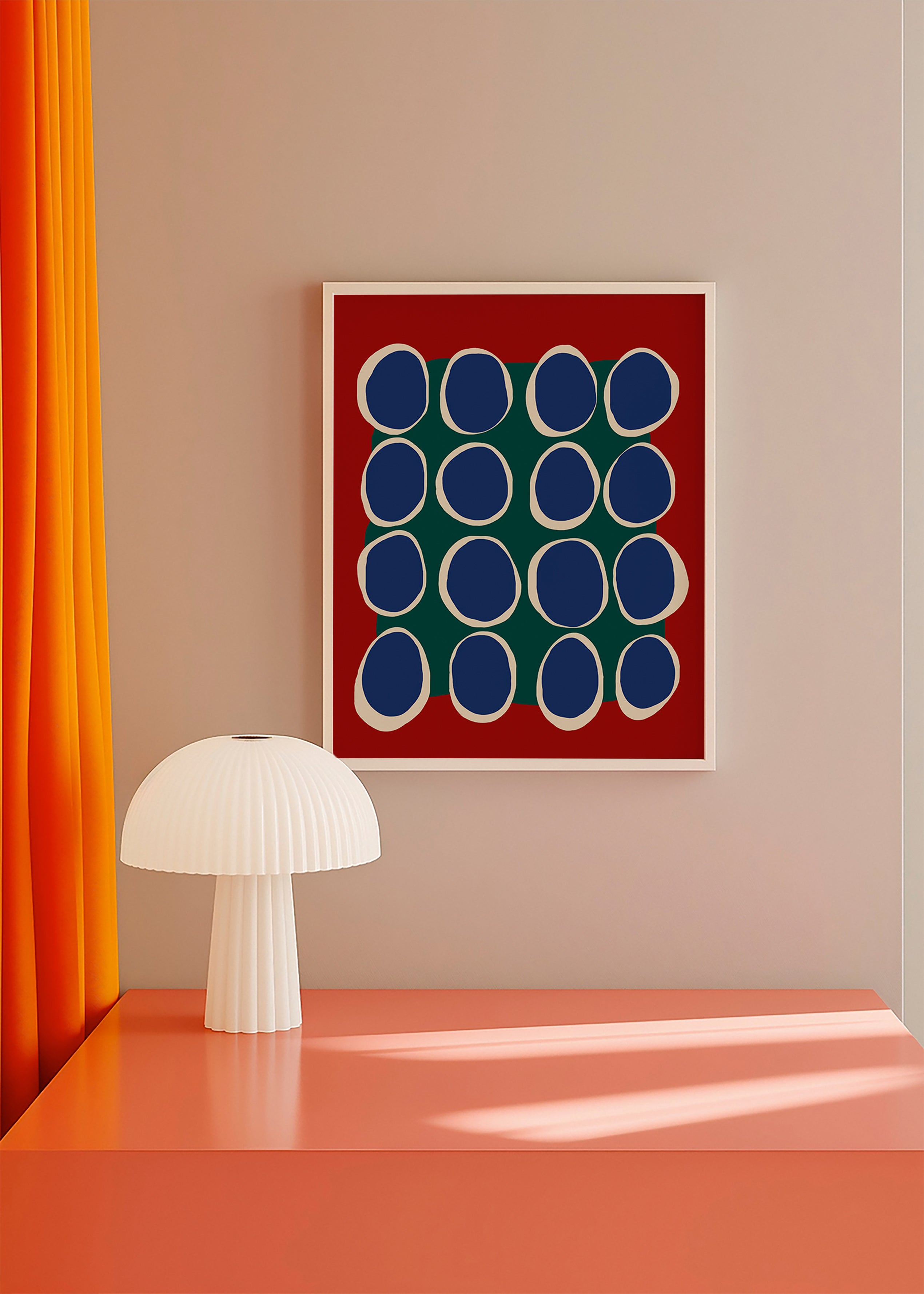 Geometrisk billede med blå ovaler og grønt felt – Product1
