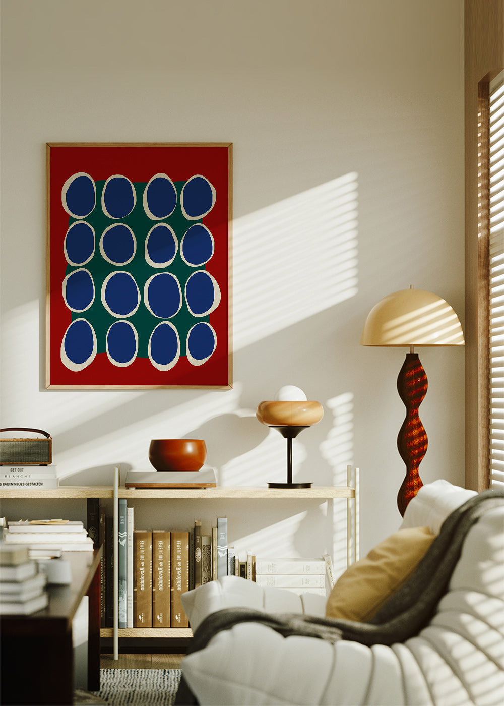 Geometrisk billede med blå ovaler og grønt felt – Product3