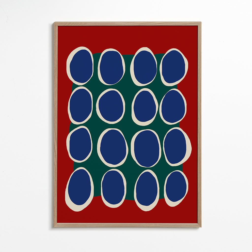 Geometrisk billede med blå ovaler og grønt felt – Oak Frame