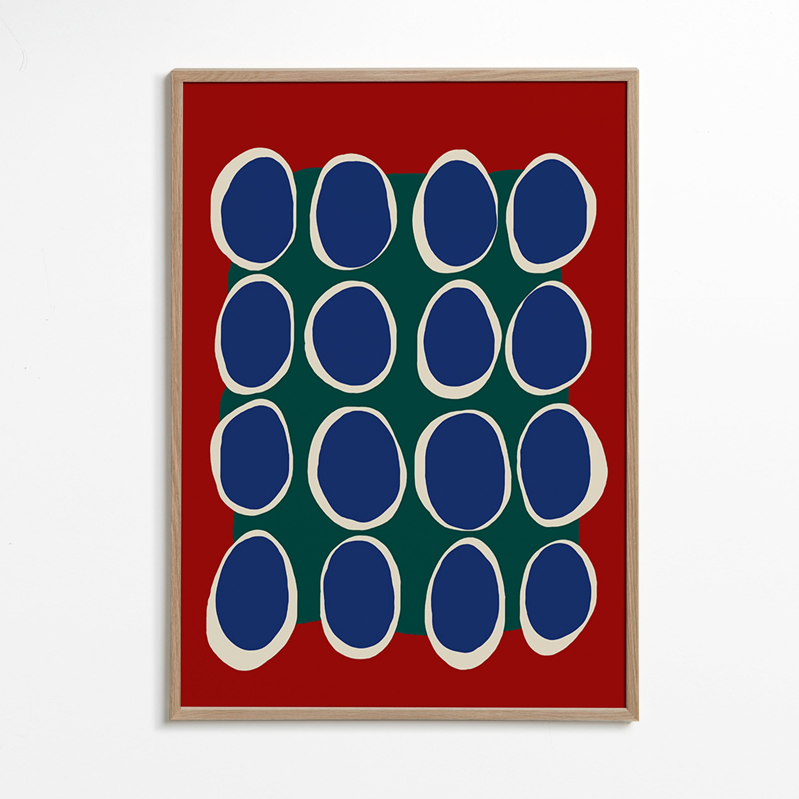 Geometrisk billede med blå ovaler og grønt felt – Oak Frame