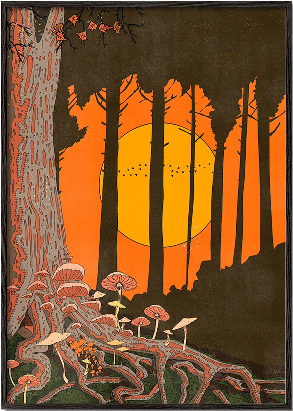 Illustration skov ved solnedgang med svampe – Black Frame