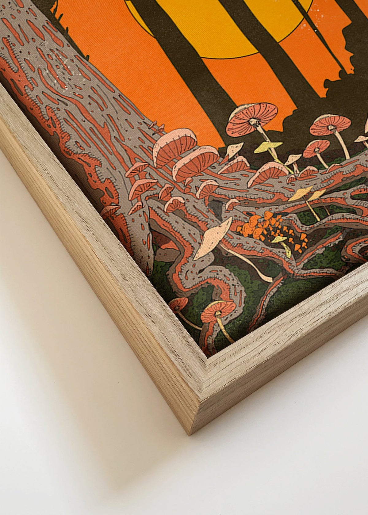 Illustration skov ved solnedgang med svampe – Canvas detail