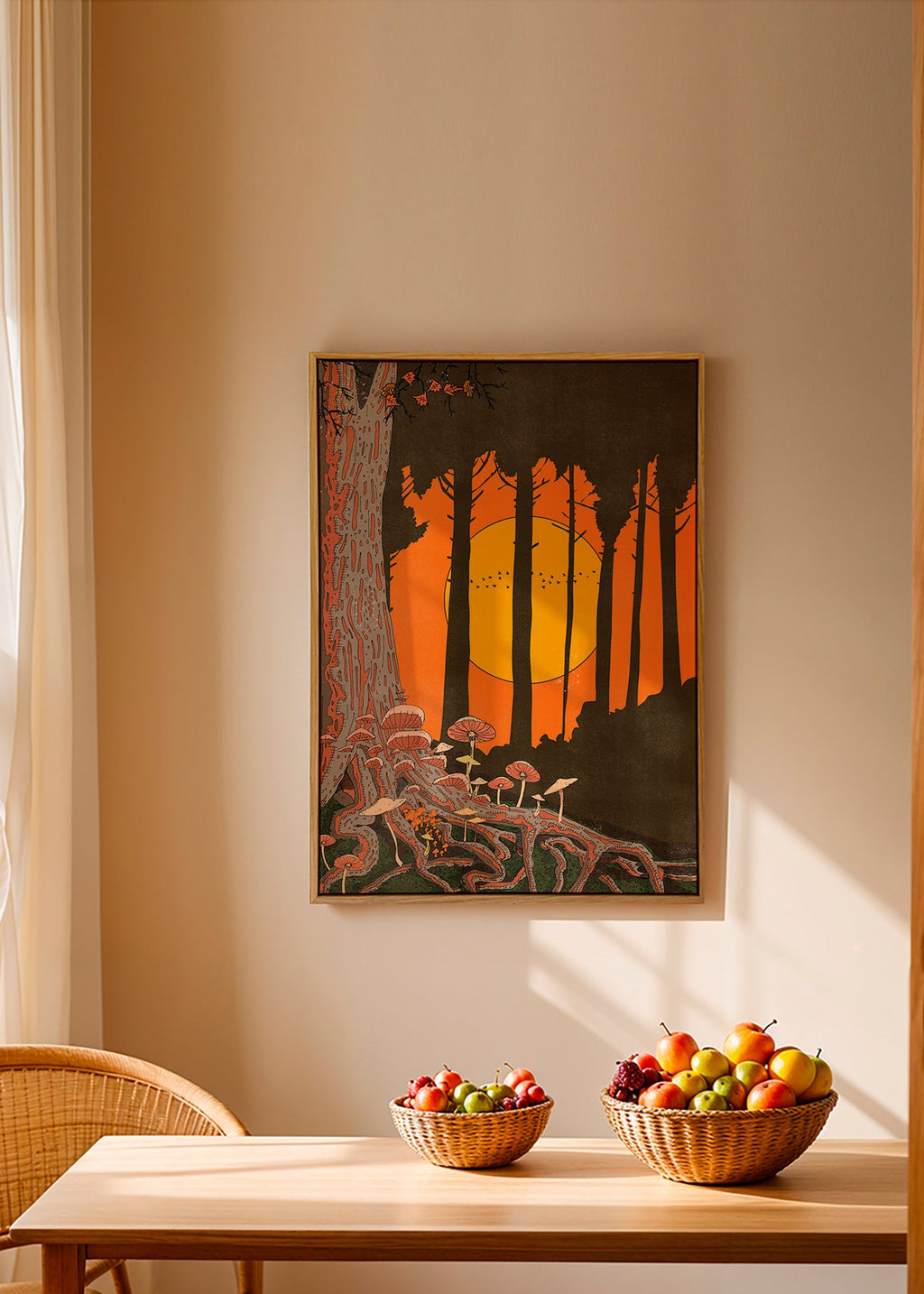 Illustration skov ved solnedgang med svampe – Canvas1