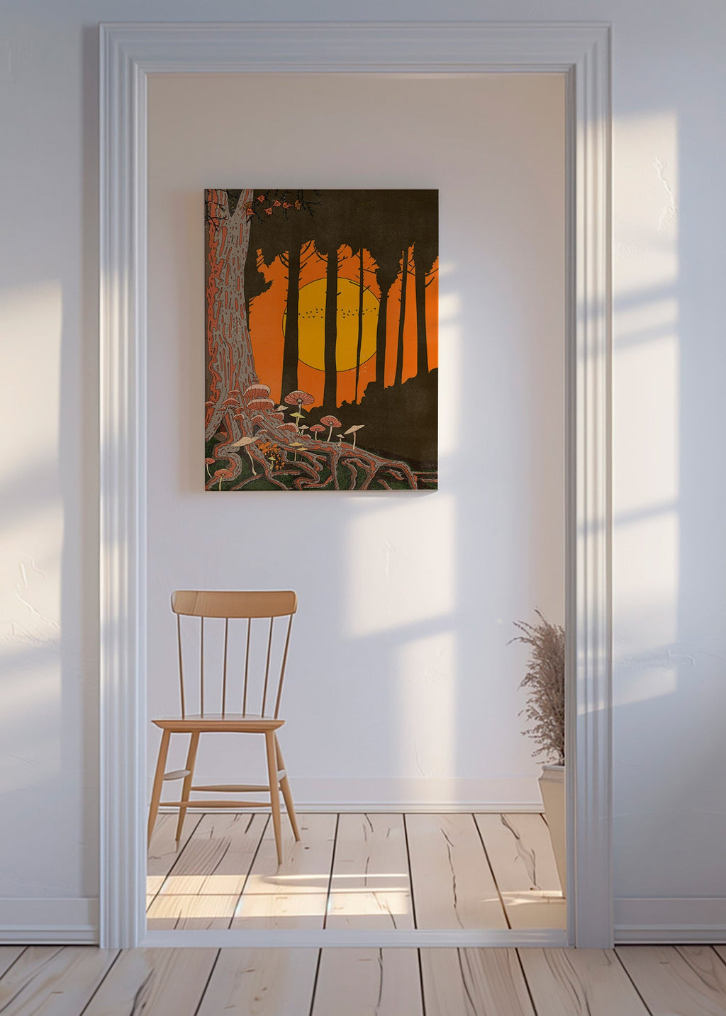 Illustration skov ved solnedgang med svampe – Canvas