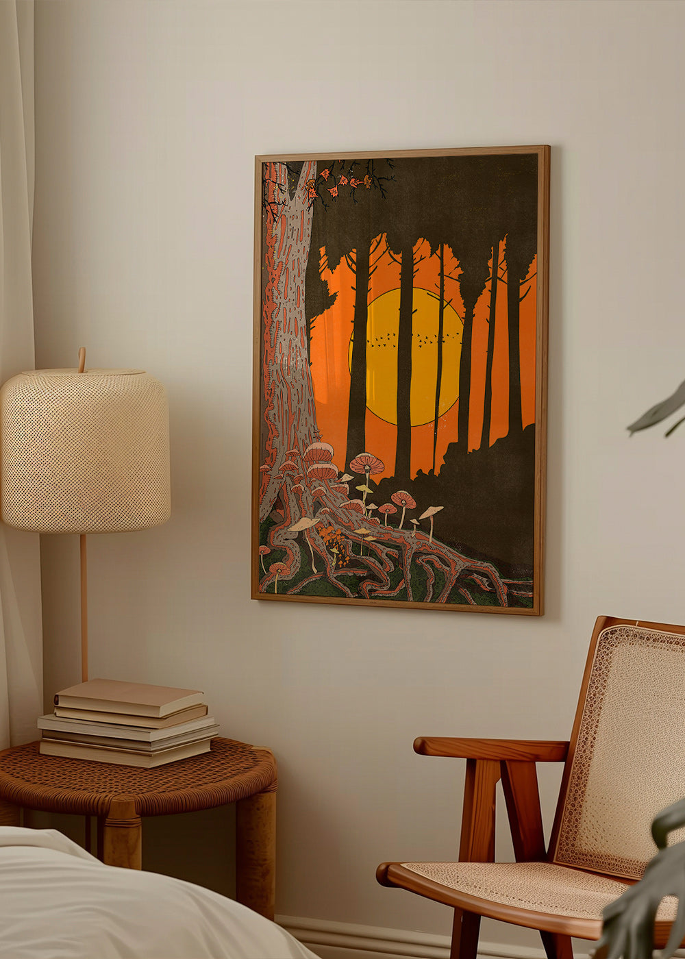 Illustration skov ved solnedgang med svampe – Product2