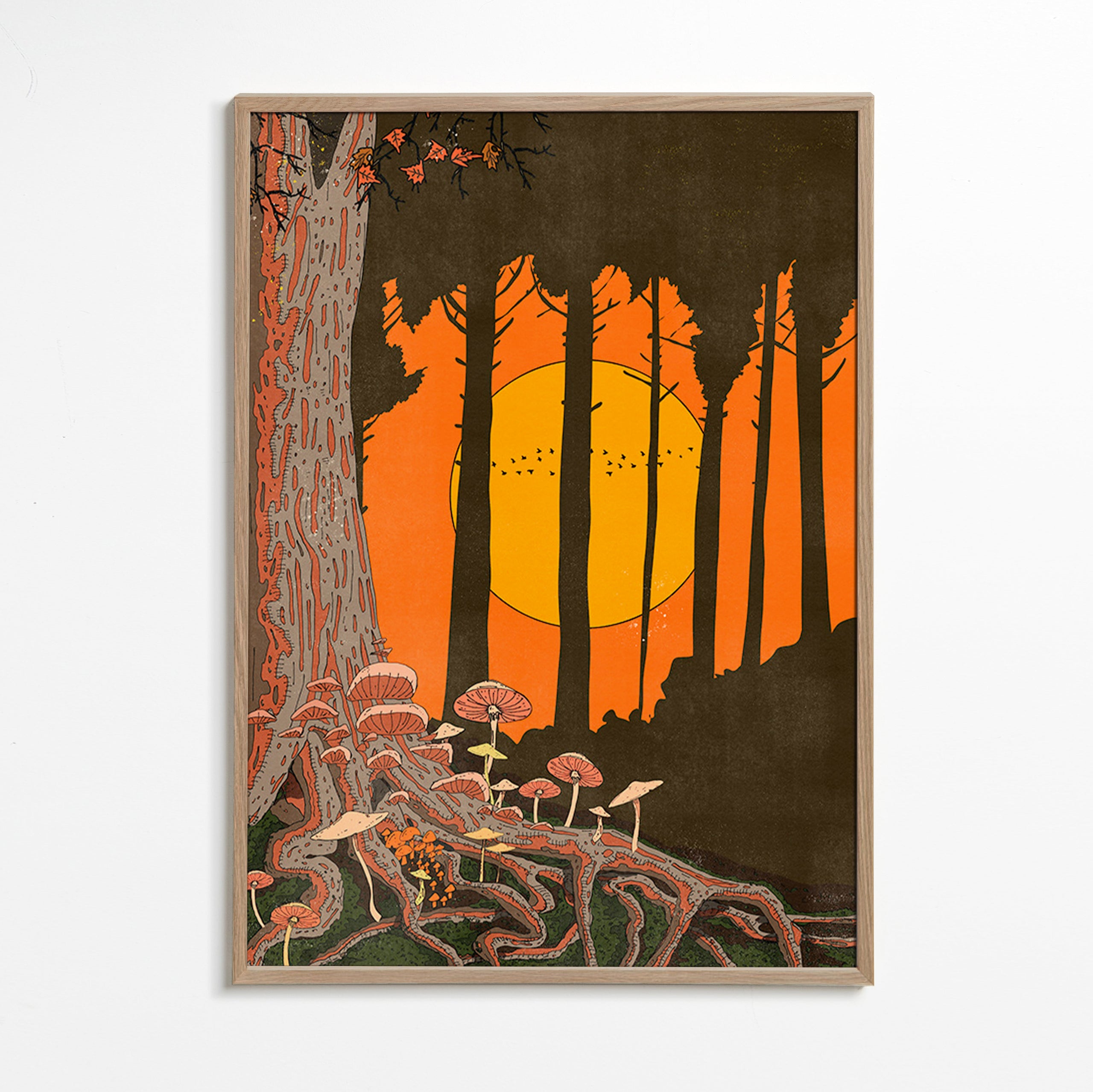 Illustration skov ved solnedgang med svampe – Oak Frame