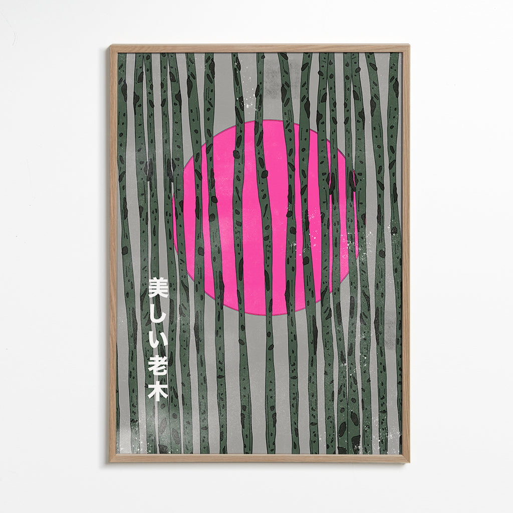 Botanisk plakat med rosa bambusskov – Oak Frame