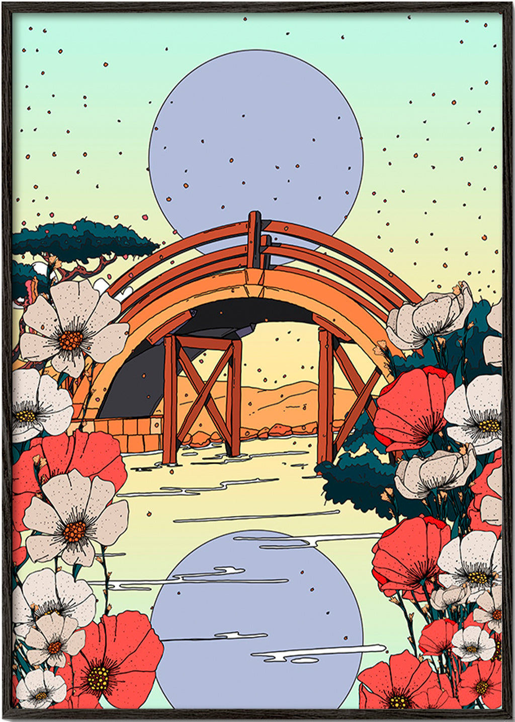 Japansk landskabstavle med buebro og blomster – Black Frame