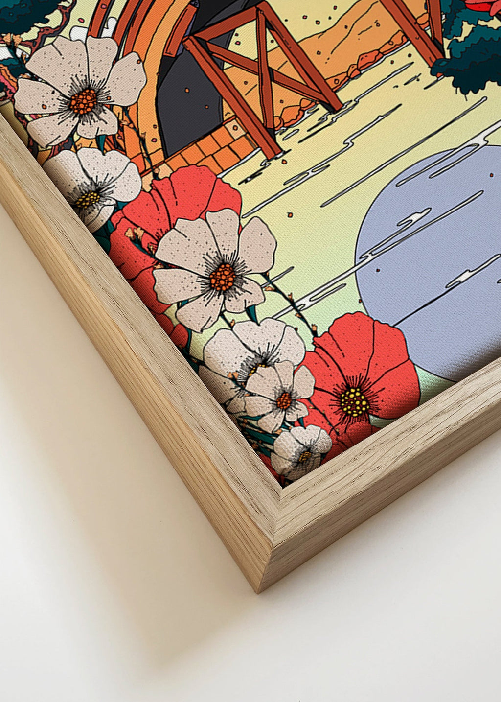 Japansk landskabstavle med buebro og blomster – Canvas detail