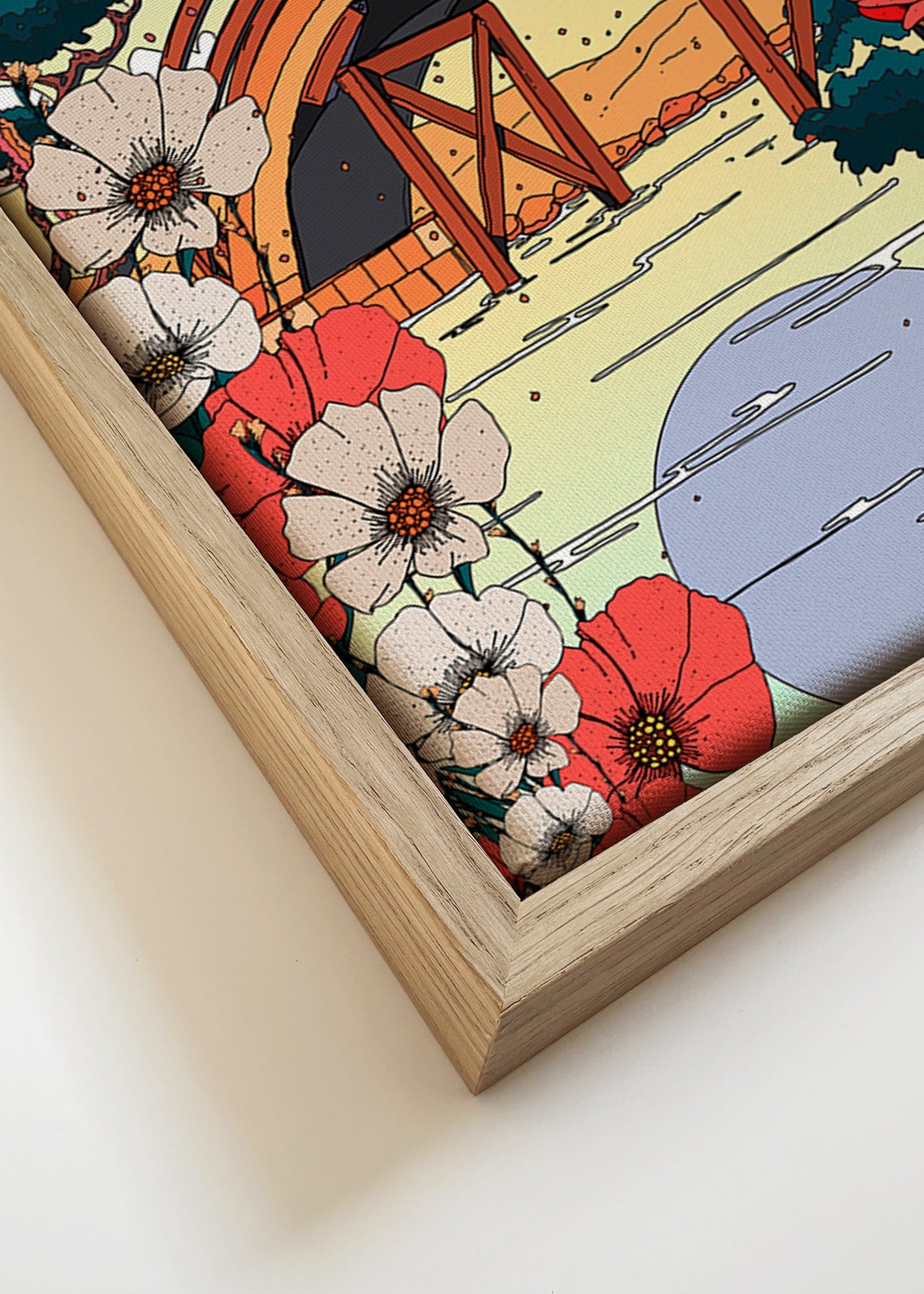 Japansk landskabstavle med buebro og blomster – Canvas detail