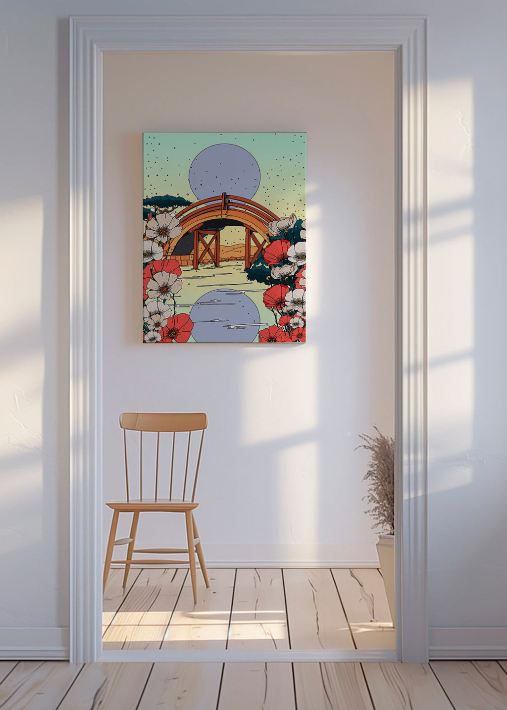 Japansk landskabstavle med buebro og blomster – Canvas