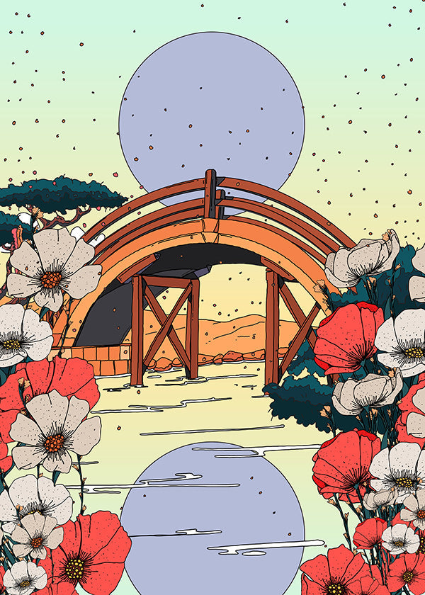 Japansk landskabstavle med buebro og blomster