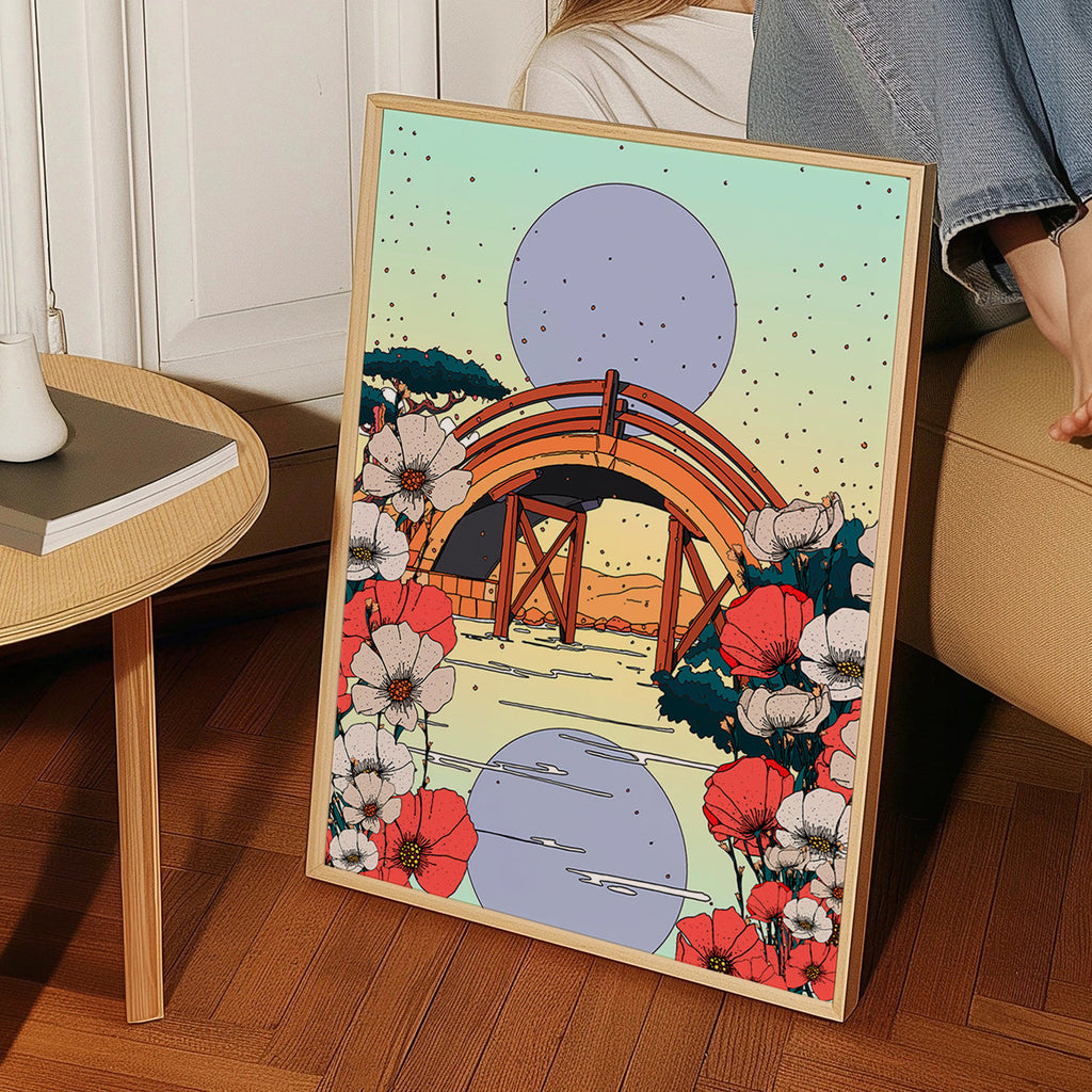 Japansk landskabstavle med buebro og blomster – Product3