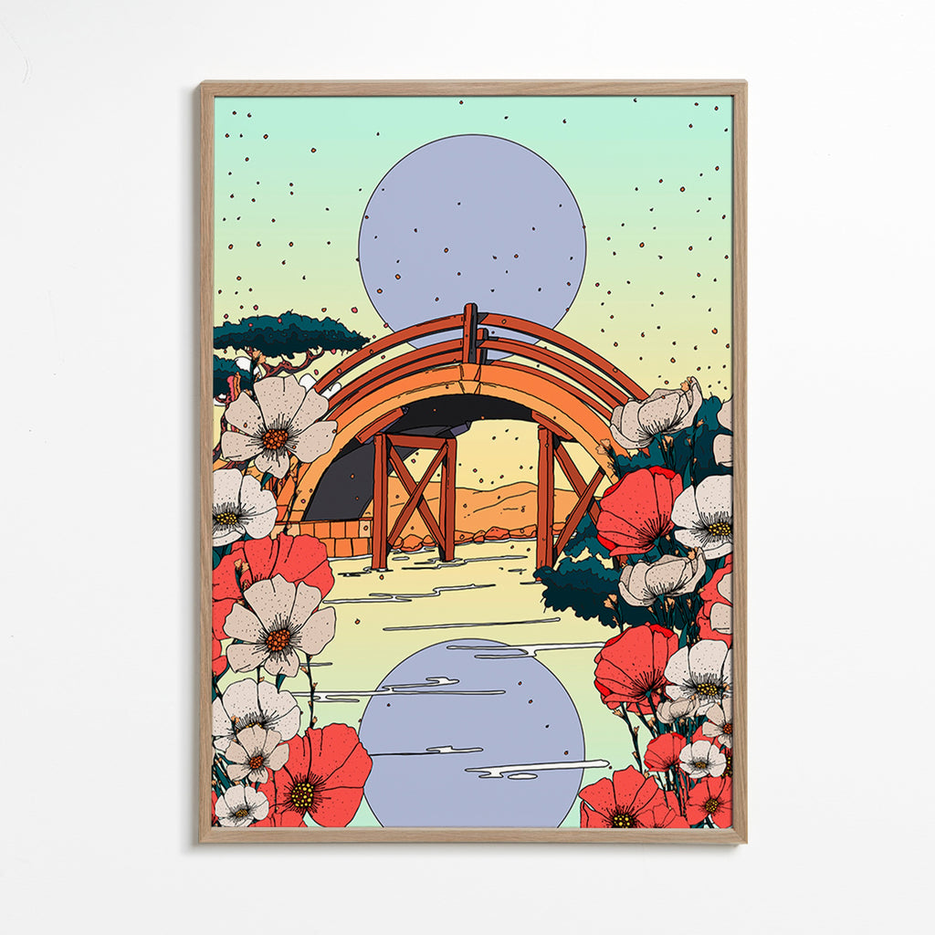 Japansk landskabstavle med buebro og blomster – Oak Frame