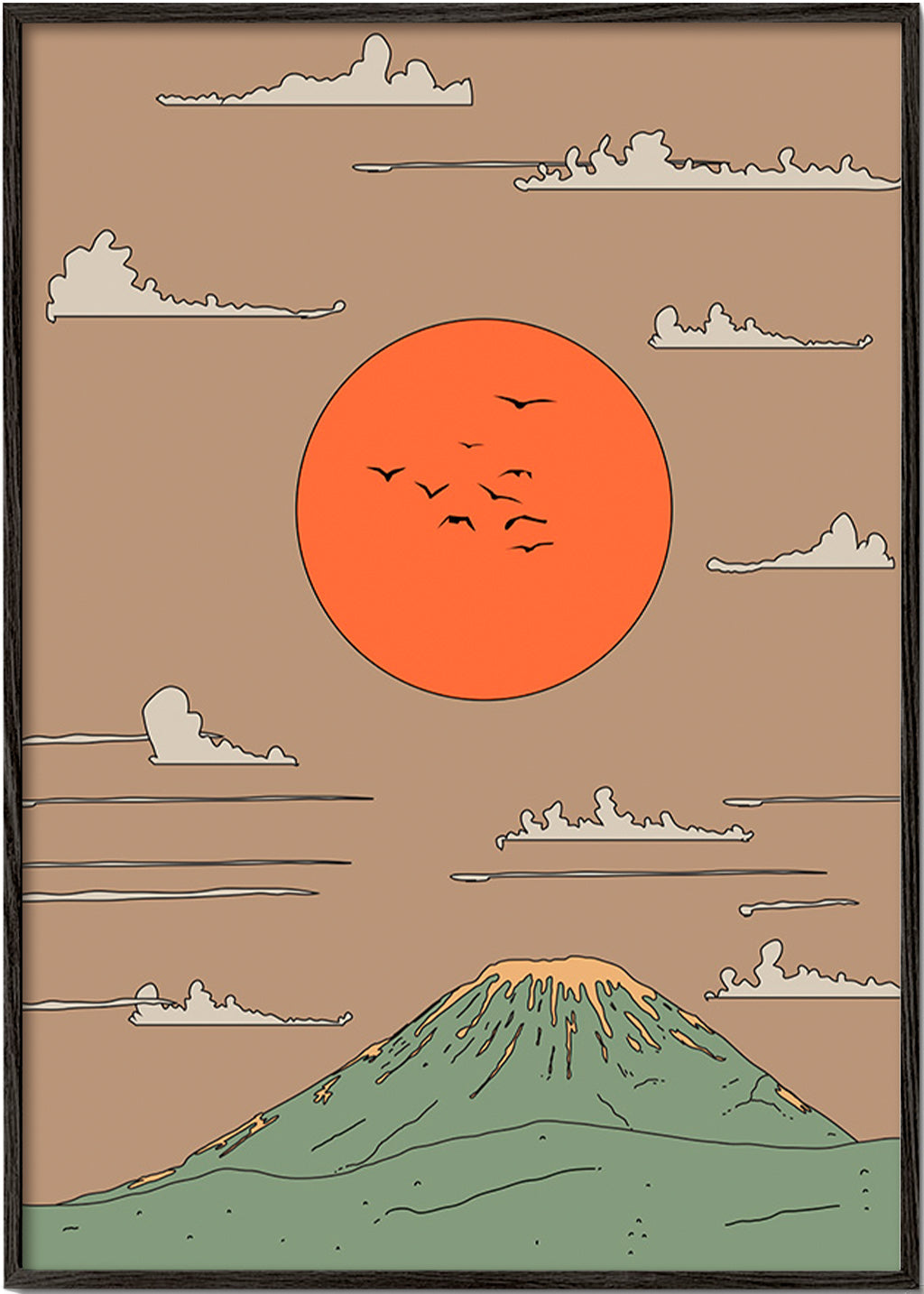 Japansk illustration med solopgang over stiliseret bjerg – Black Frame