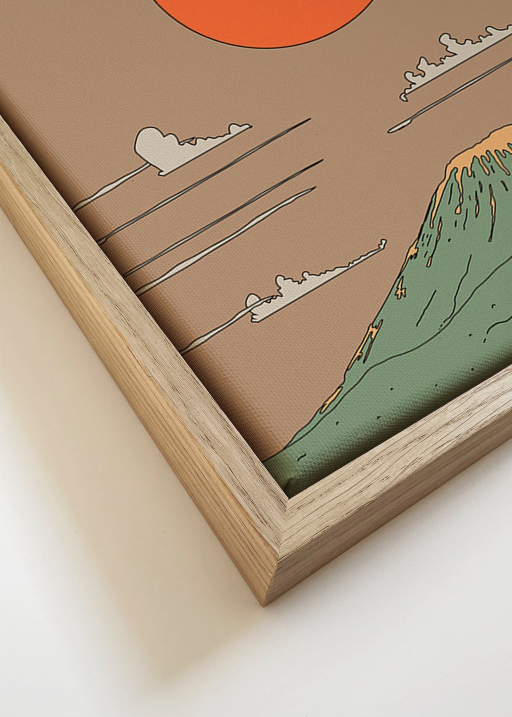 Japansk illustration med solopgang over stiliseret bjerg – Canvas detail