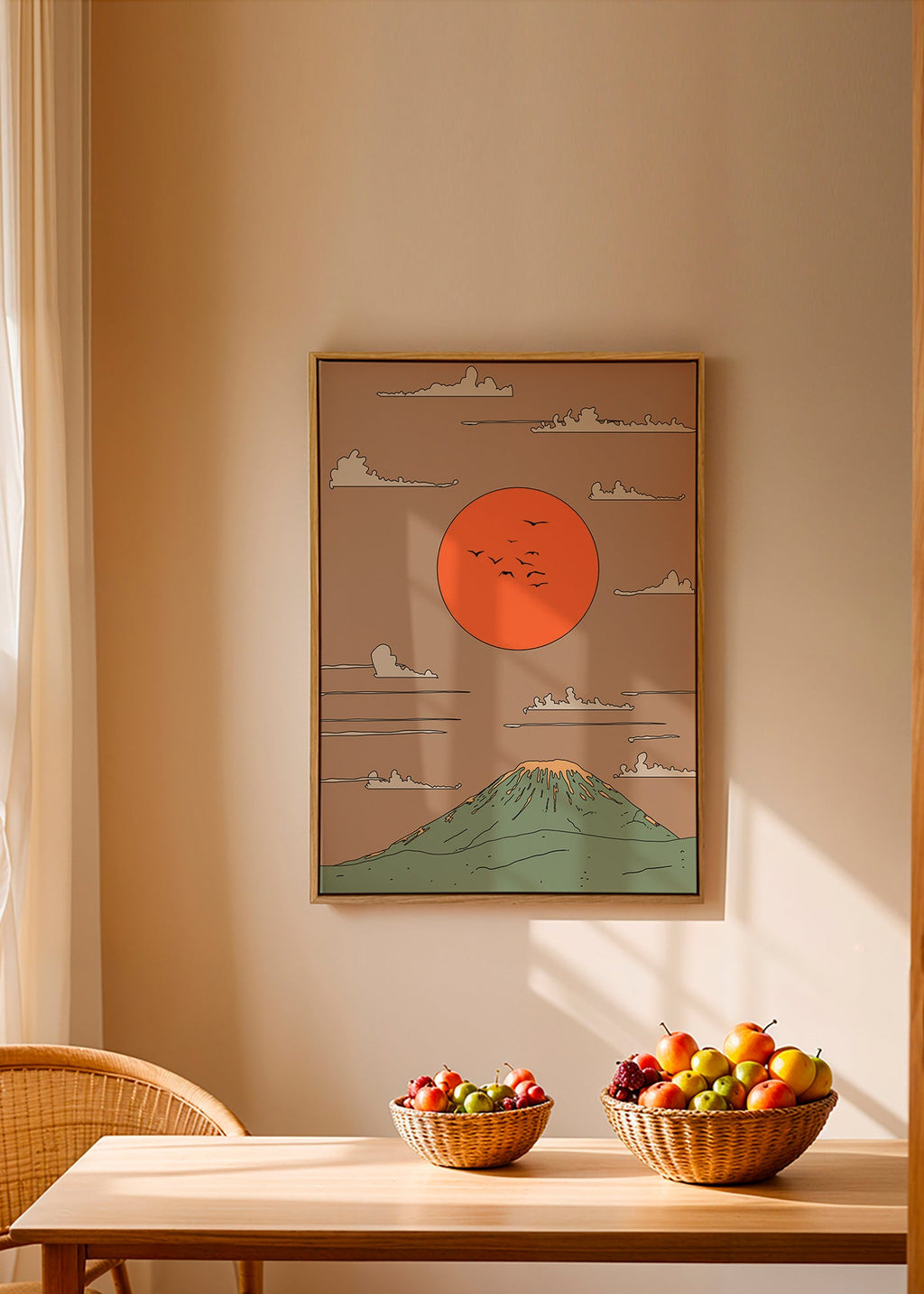 Japansk illustration med solopgang over stiliseret bjerg – Canvas1