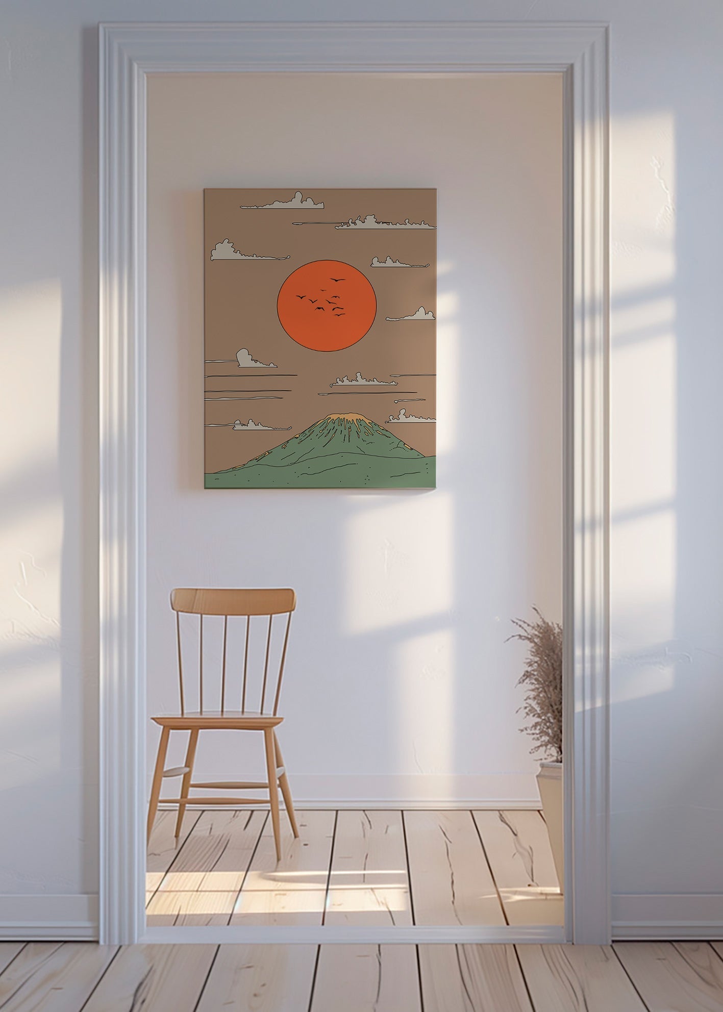 Japansk illustration med solopgang over stiliseret bjerg – Canvas