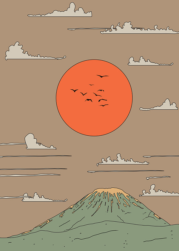 Japansk illustration med solopgang over stiliseret bjerg