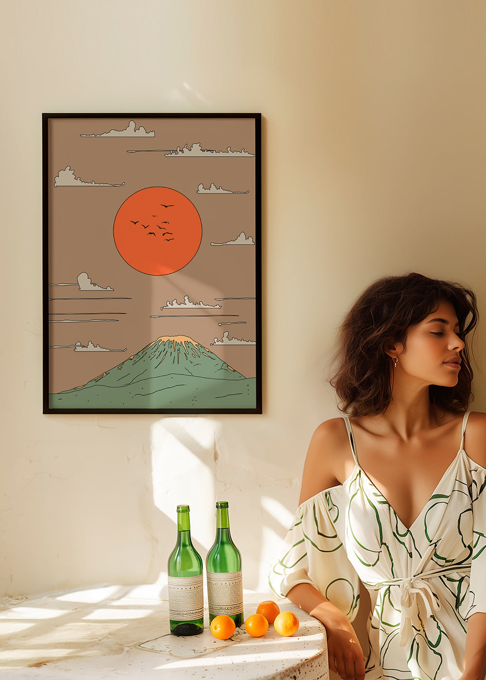 Japansk illustration med solopgang over stiliseret bjerg – Product1