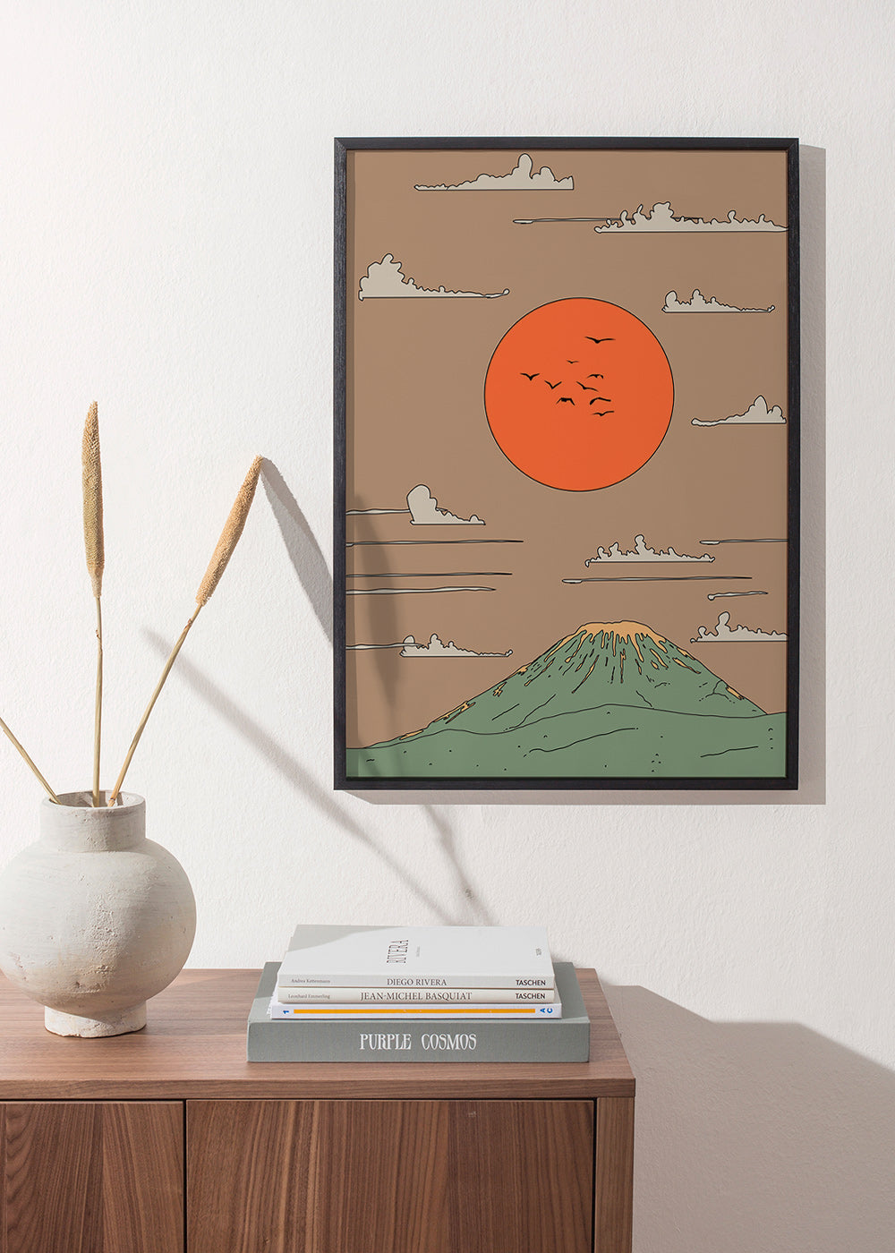 Japansk illustration med solopgang over stiliseret bjerg – Product2