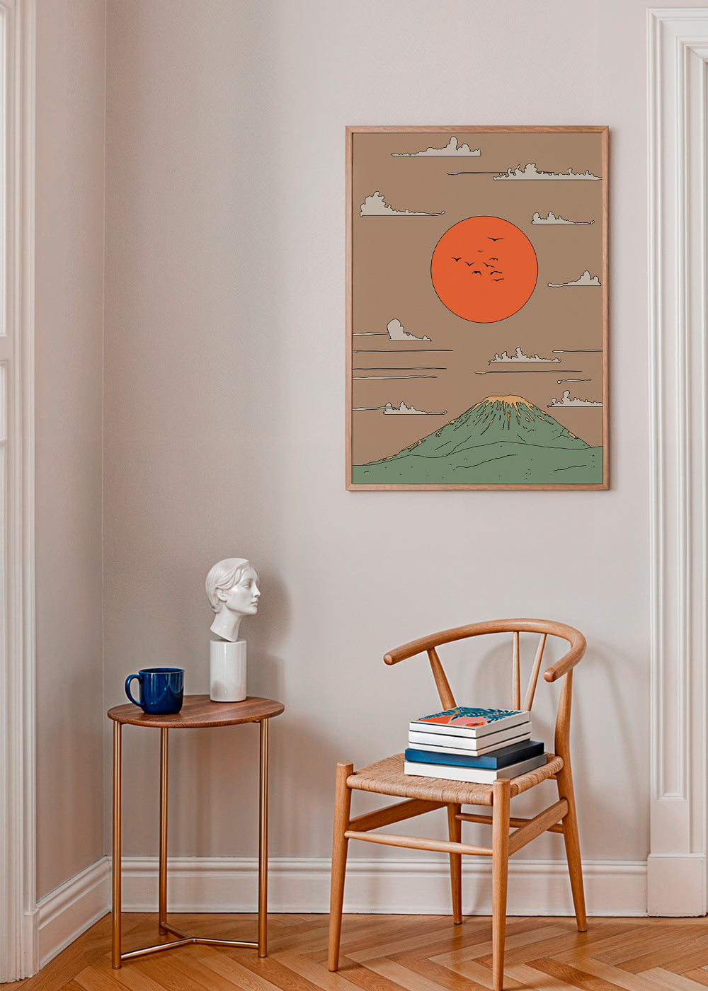 Japansk illustration med solopgang over stiliseret bjerg – Product3