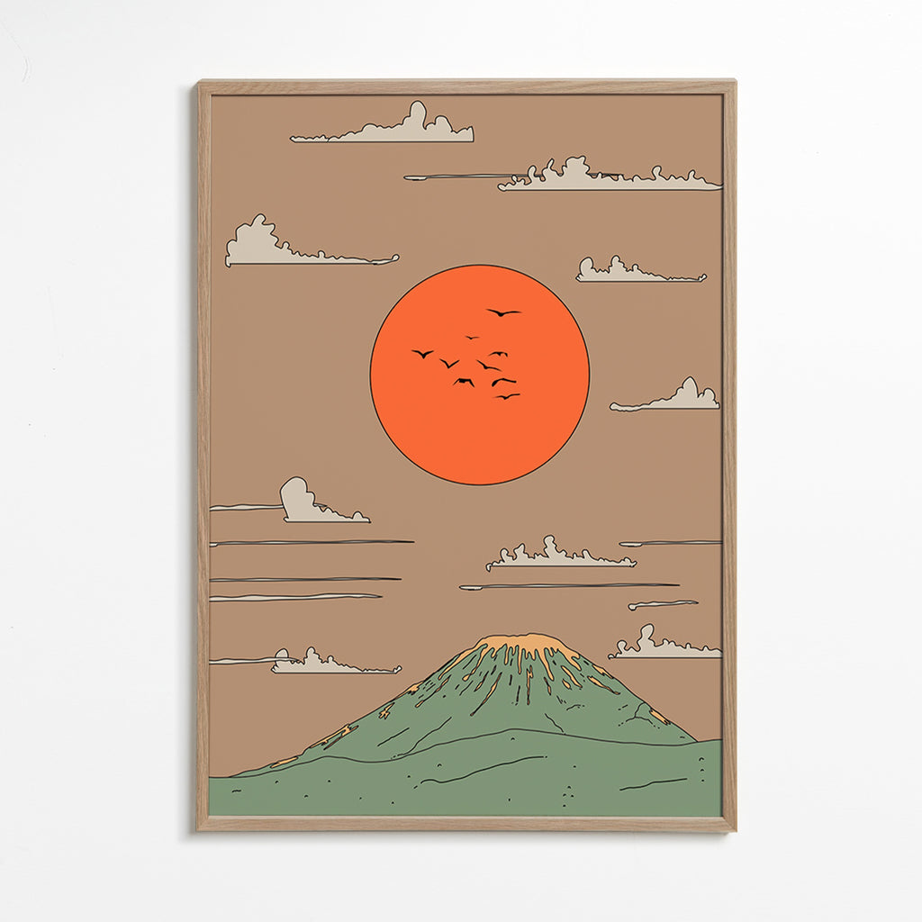 Japansk illustration med solopgang over stiliseret bjerg – Oak Frame