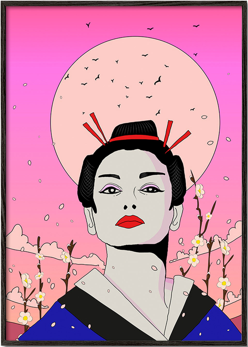 Geisha-illustration med pink måne – Black Frame