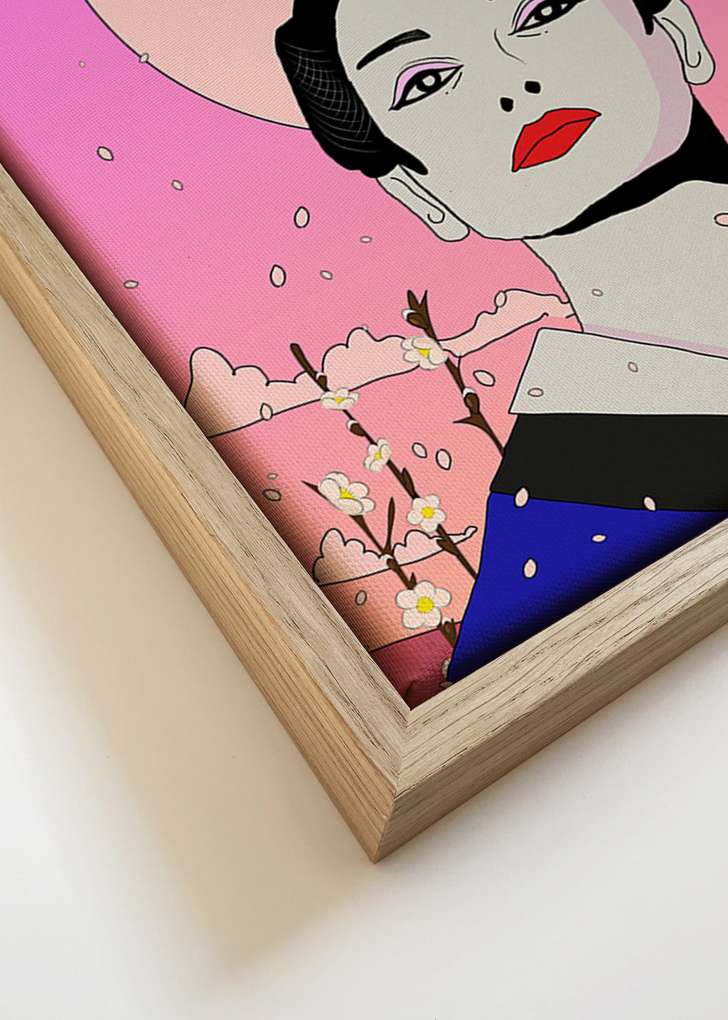 Geisha-illustration med pink måne – Canvas detail