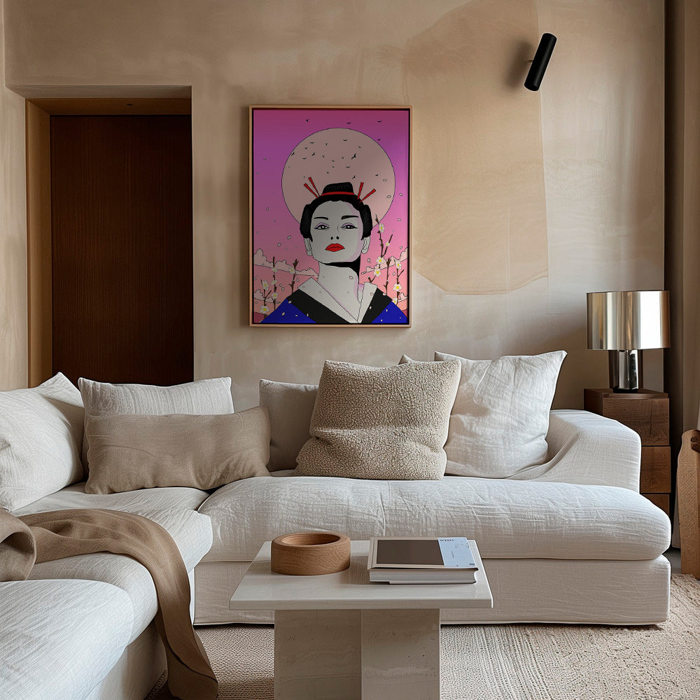 Geisha-illustration med pink måne – Canvas1