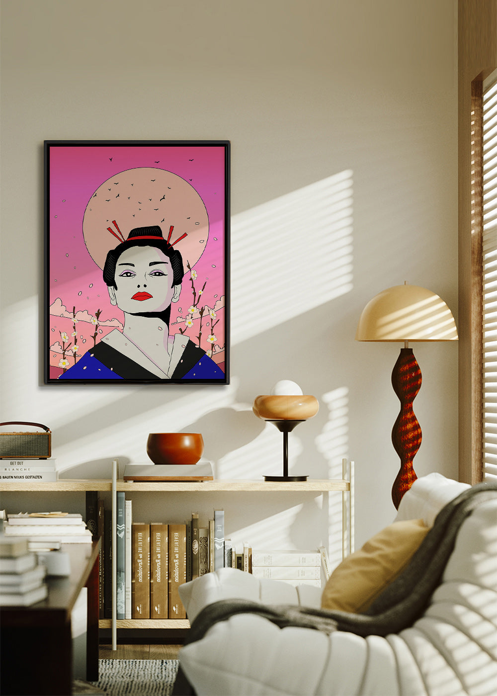 Geisha-illustration med pink måne – Canvas2
