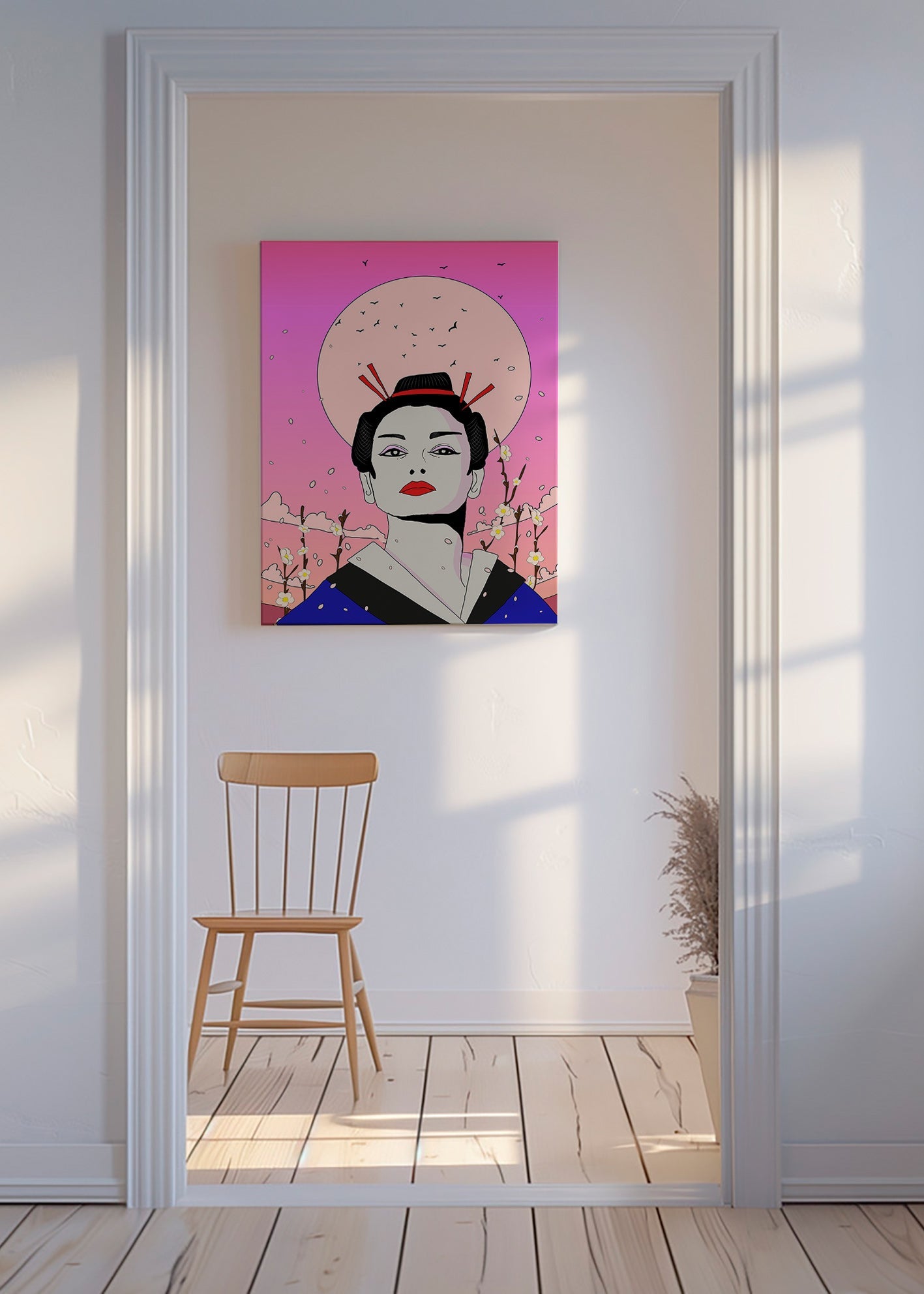 Geisha-illustration med pink måne – Canvas