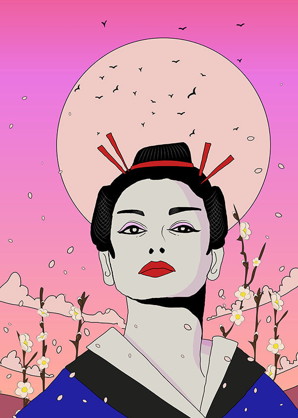 Geisha-illustration med pink måne