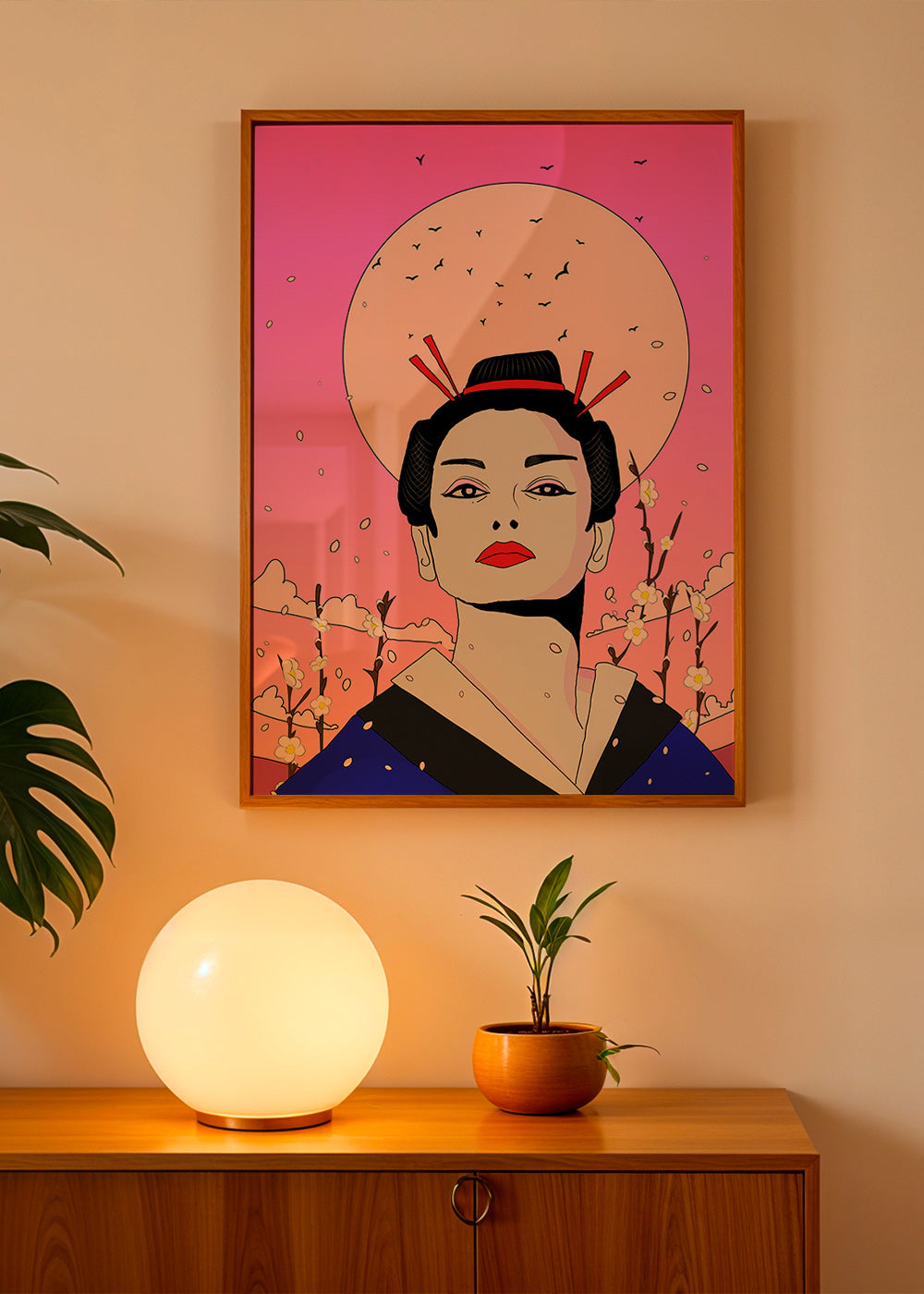 Geisha-illustration med pink måne – Product1