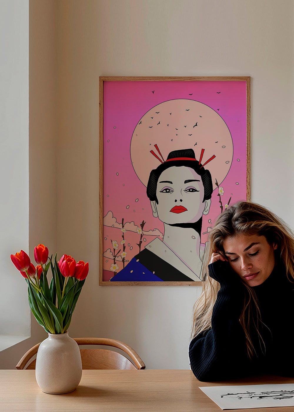 Geisha-illustration med pink måne – Product3