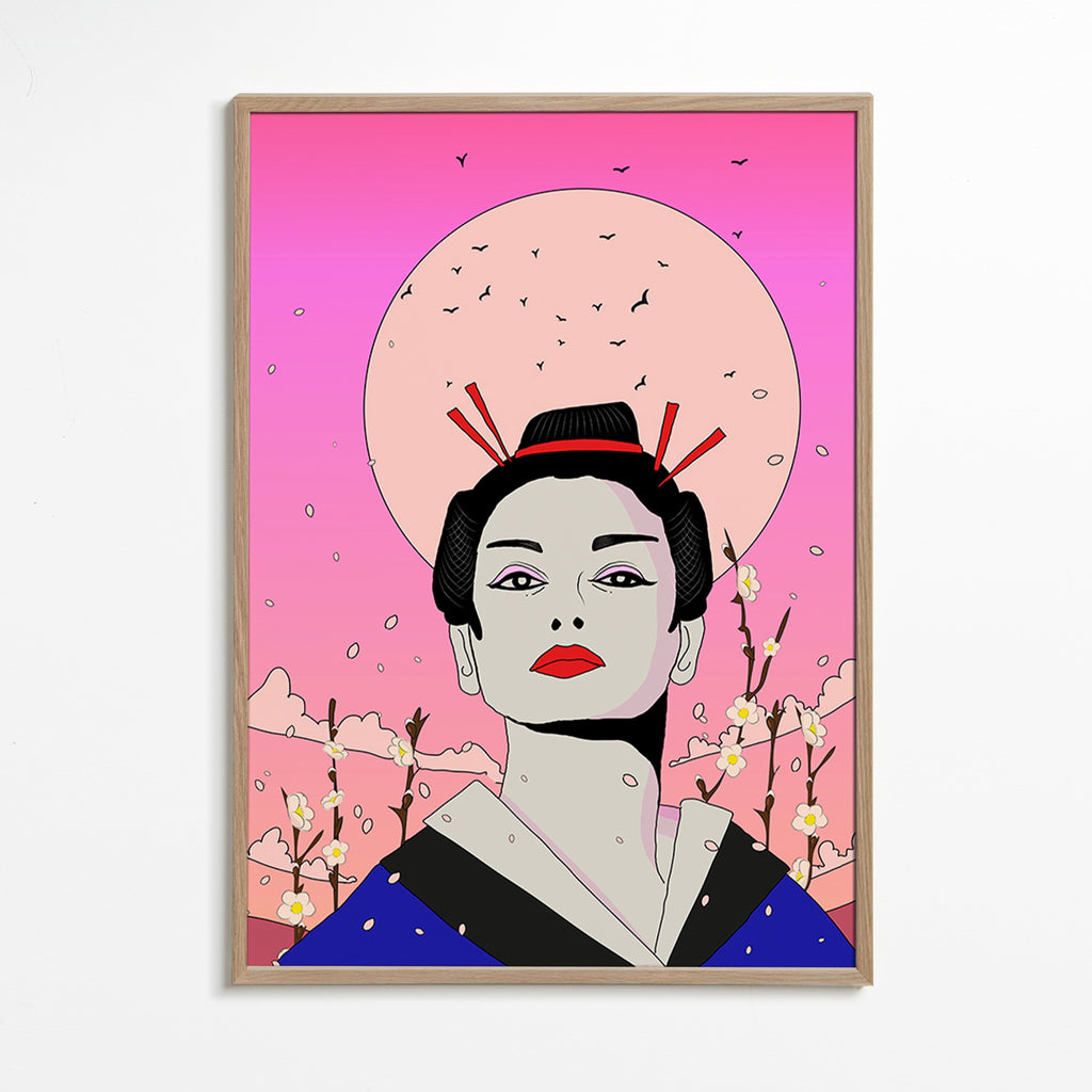Geisha-illustration med pink måne – Oak Frame