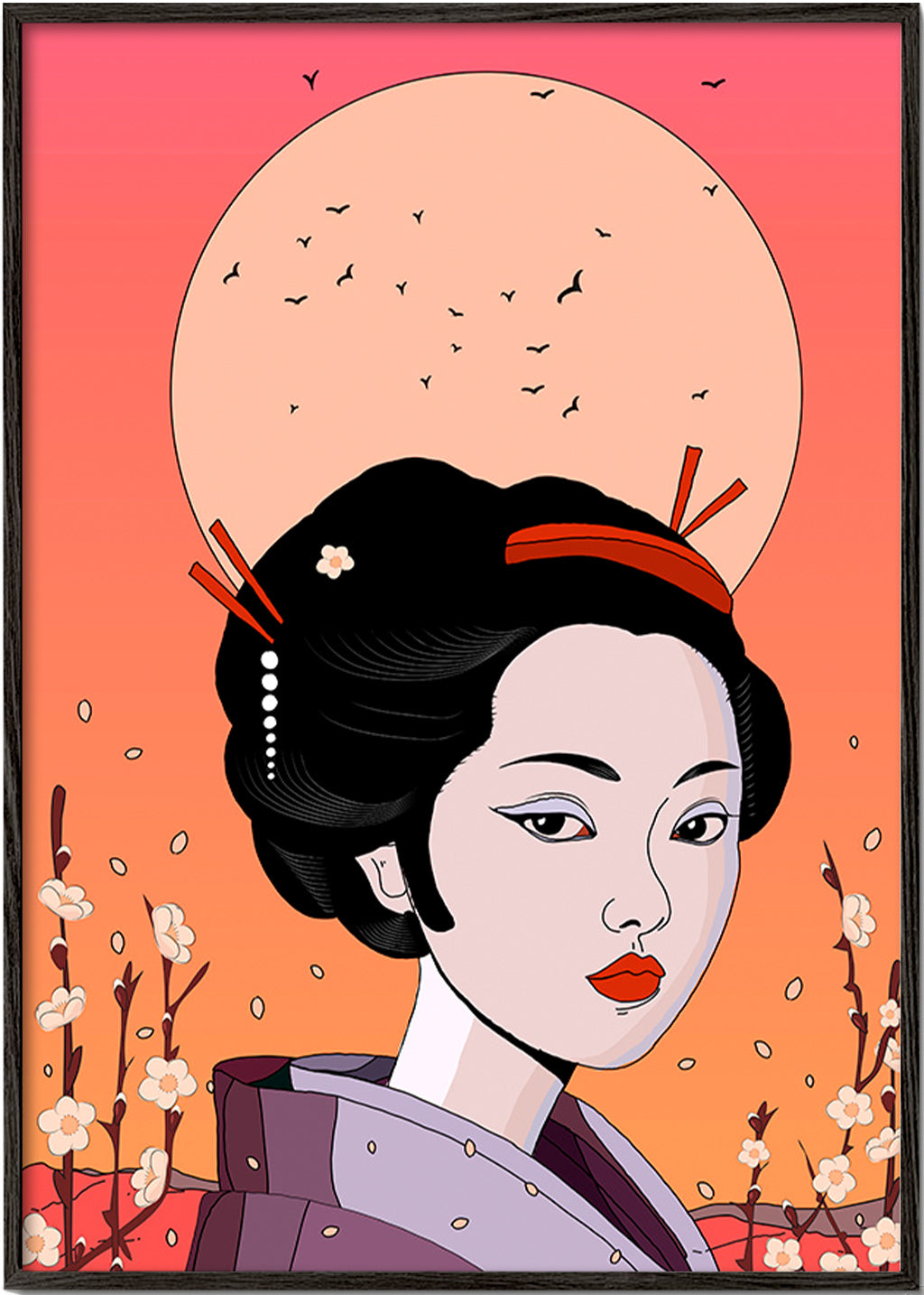 Illustration Geisha ved Koralfra Solnedgang – Black Frame