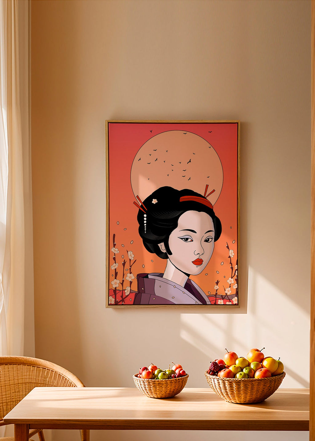 Illustration Geisha ved Koralfra Solnedgang – Canvas1
