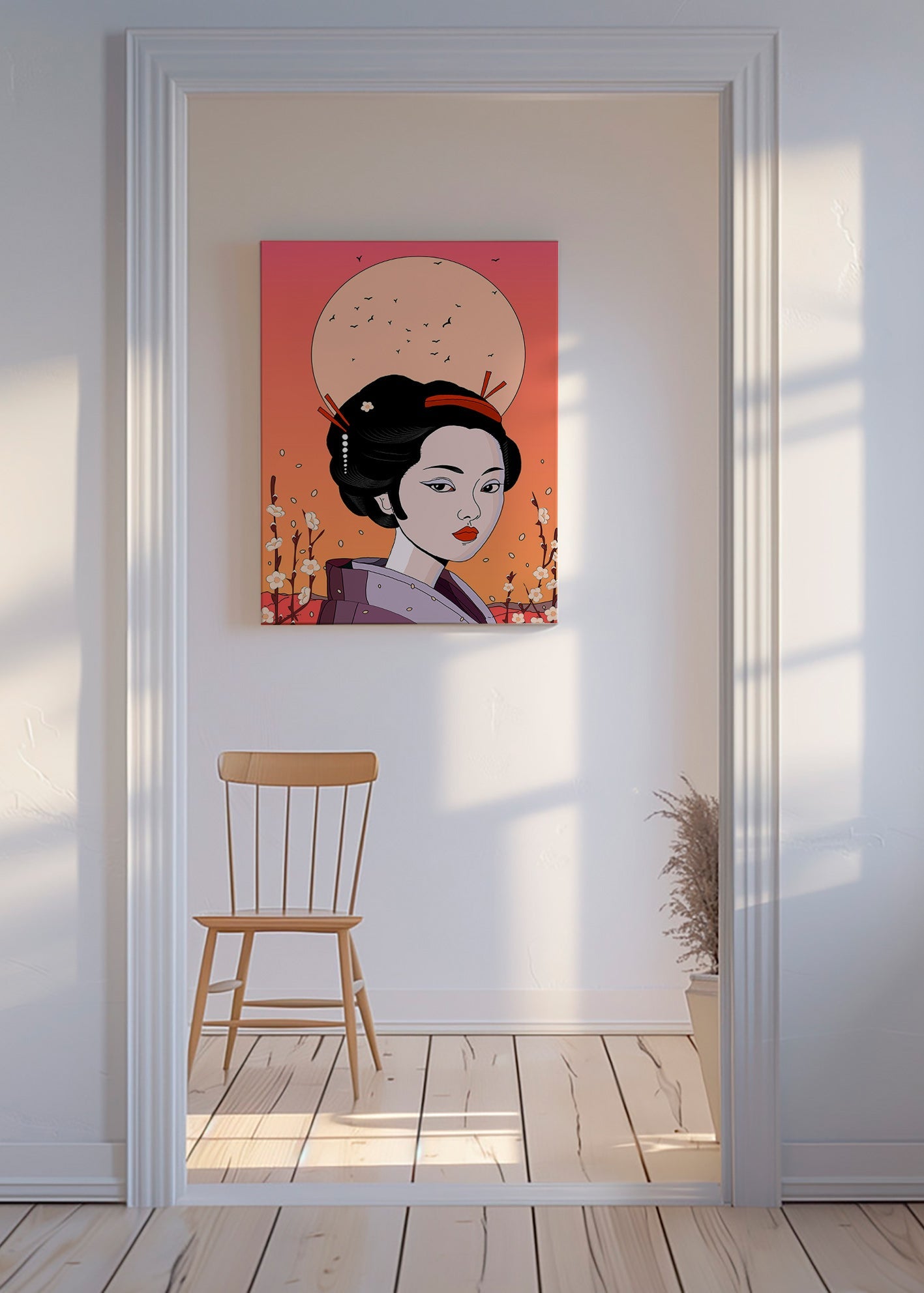 Illustration Geisha ved Koralfra Solnedgang – Canvas