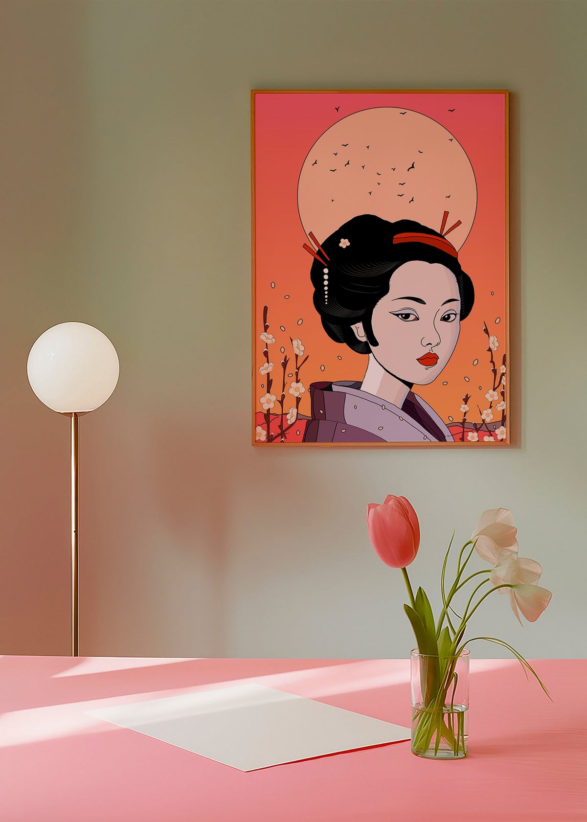 Illustration Geisha ved Koralfra Solnedgang – Product1