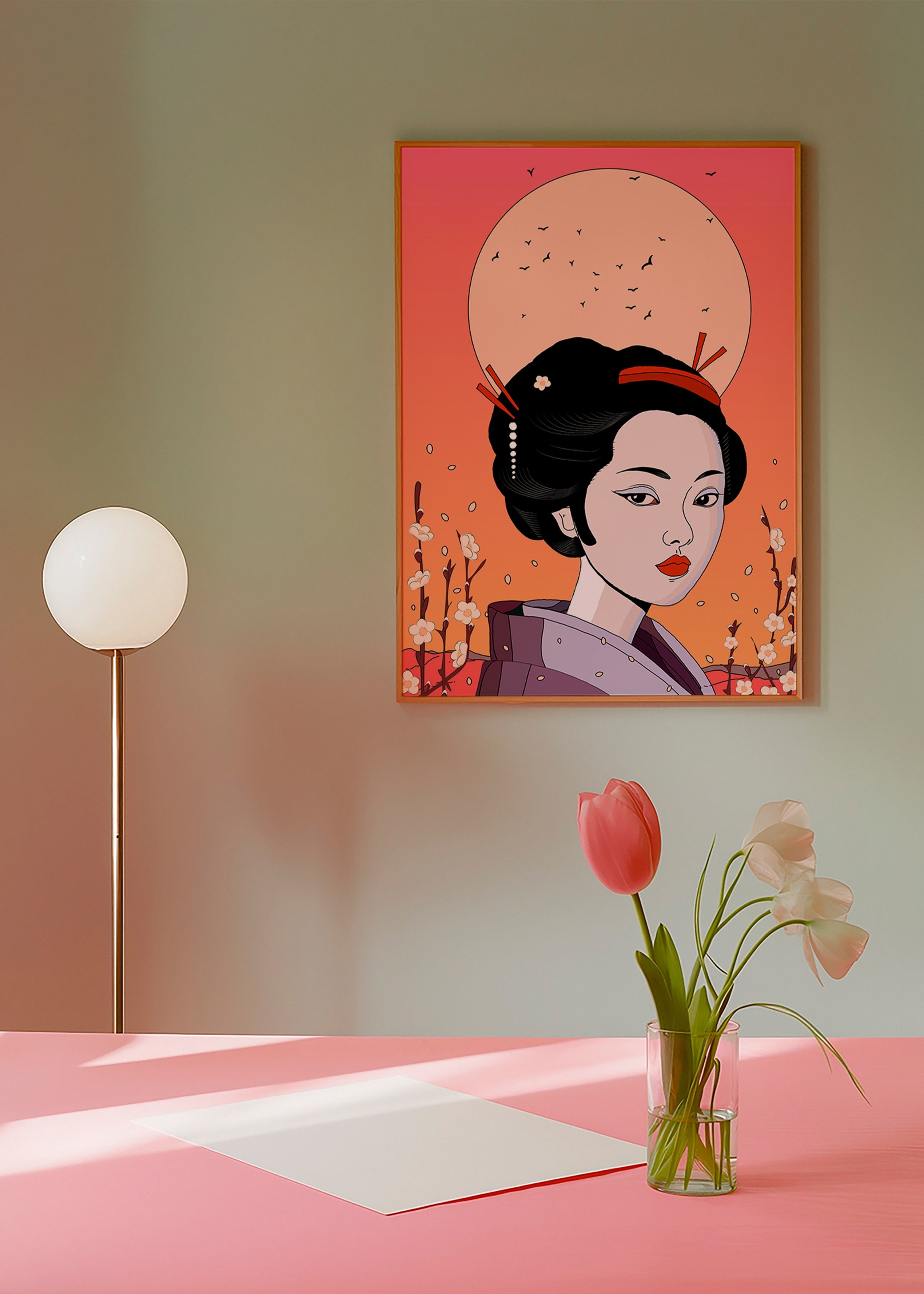 Illustration Geisha ved Koralfra Solnedgang – Product1