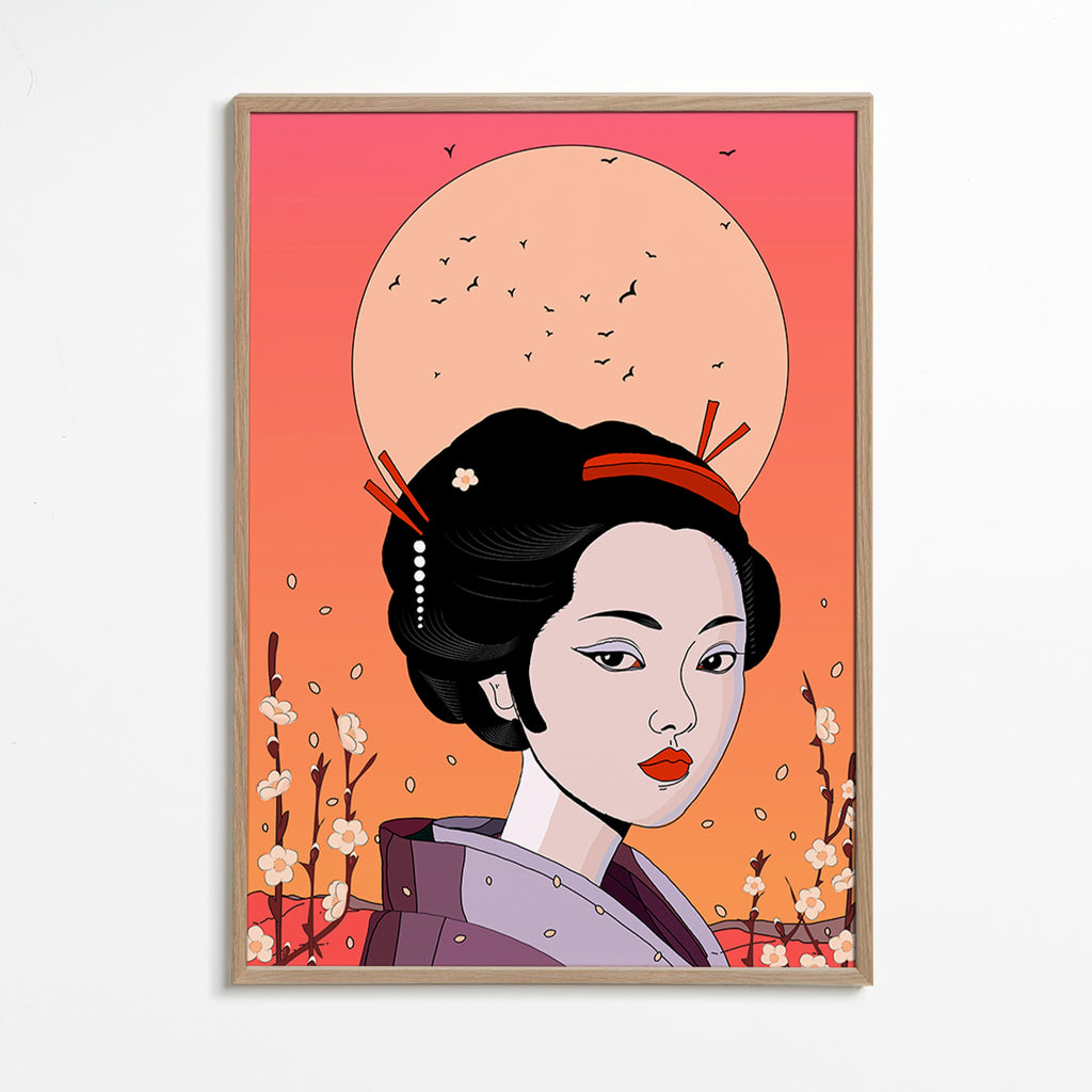 Illustration Geisha ved Koralfra Solnedgang – Oak Frame