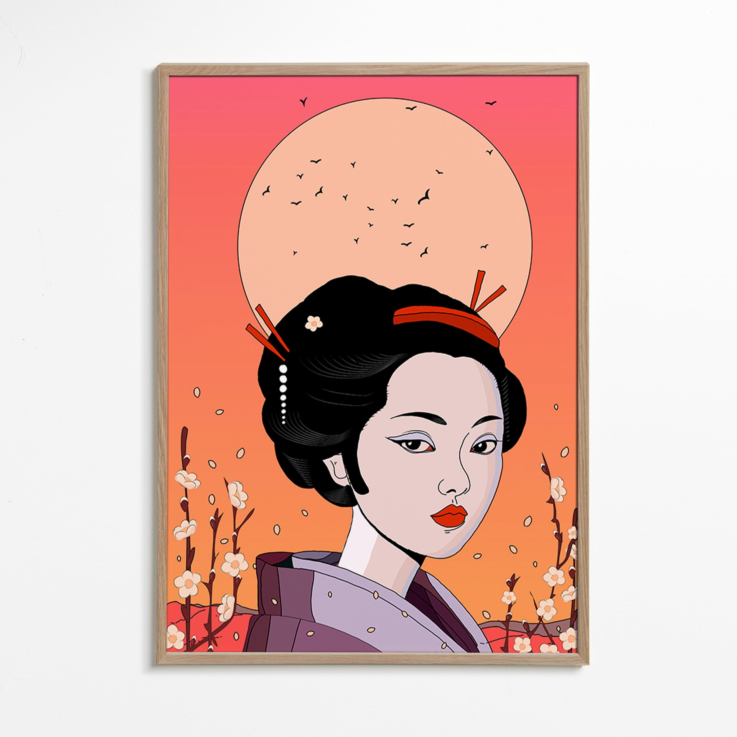 Illustration Geisha ved Koralfra Solnedgang – Oak Frame