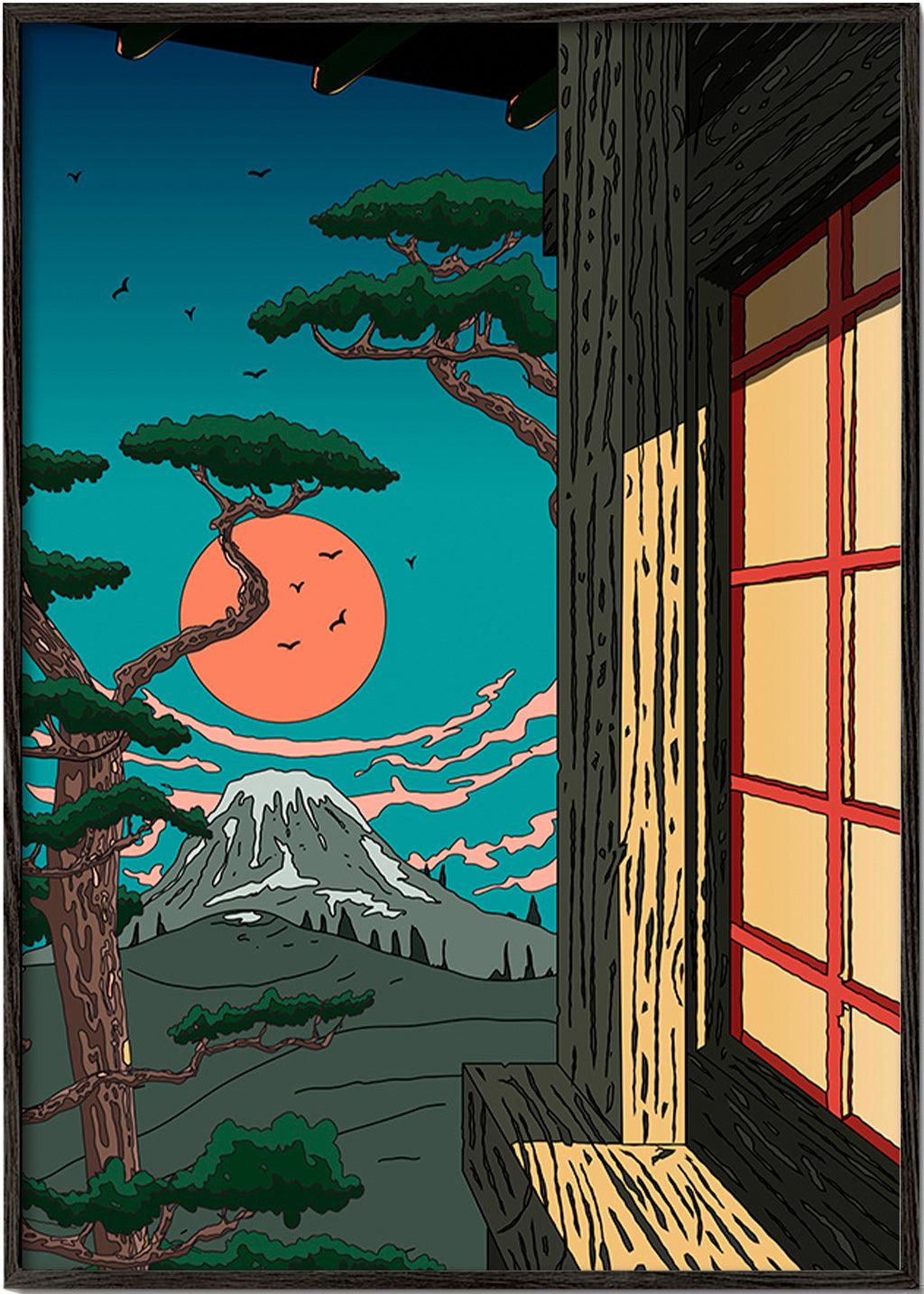 Landskabstavle med fyr og bjerg ved solnedgang – Black Frame