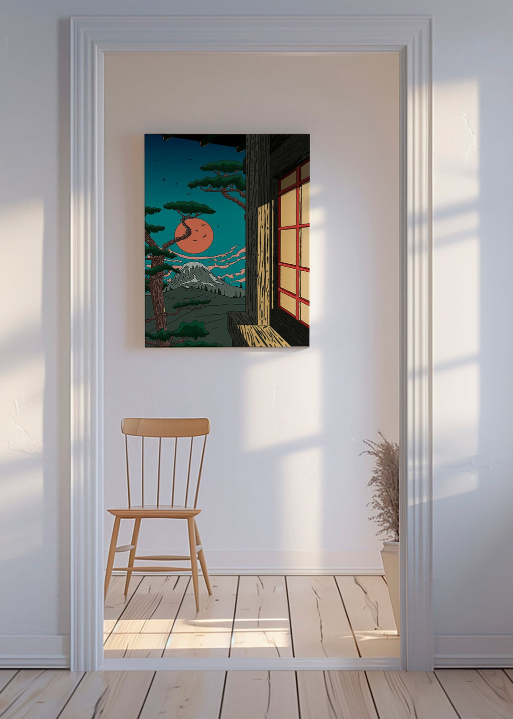 Landskabstavle med fyr og bjerg ved solnedgang – Canvas