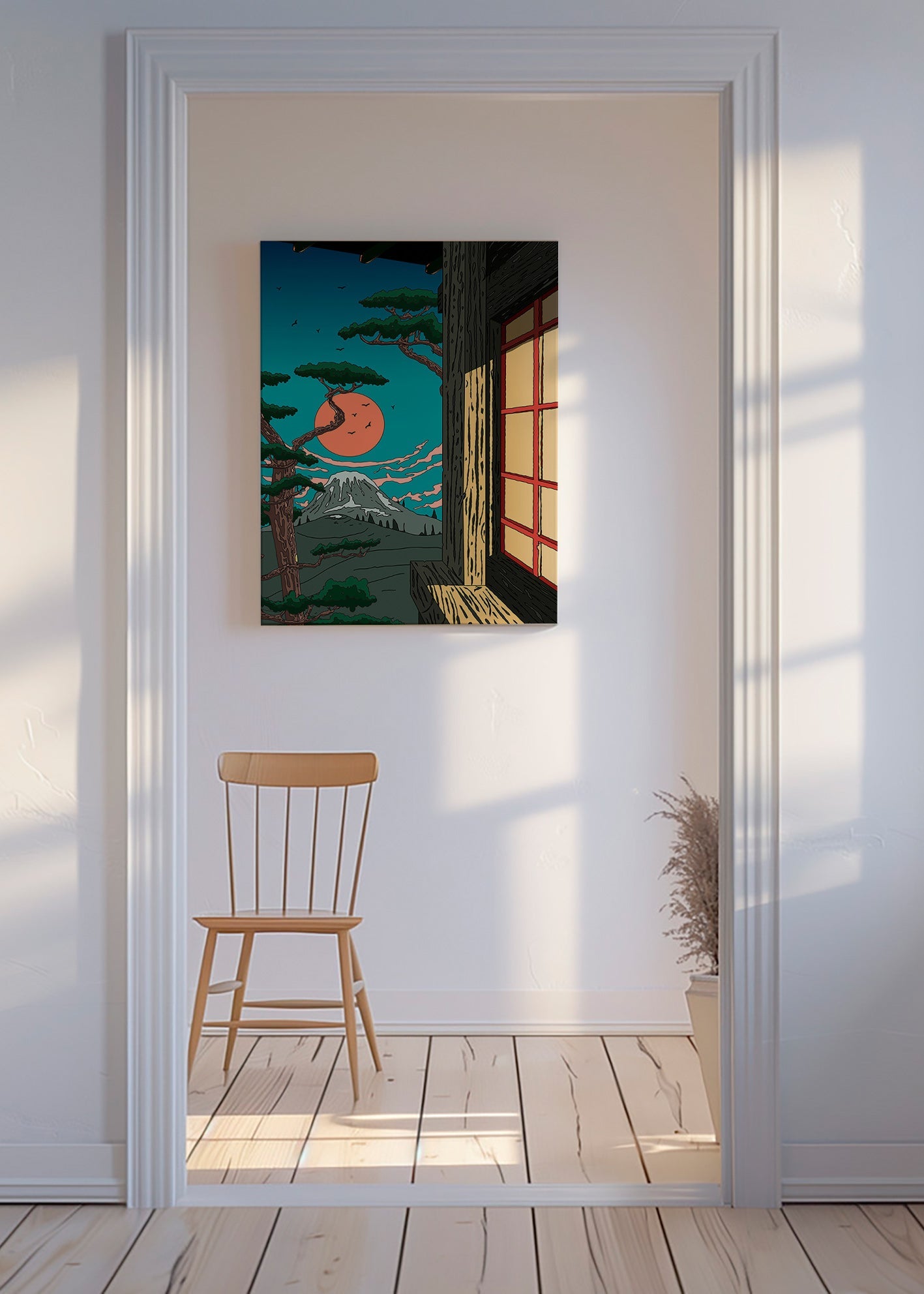 Landskabstavle med fyr og bjerg ved solnedgang – Canvas