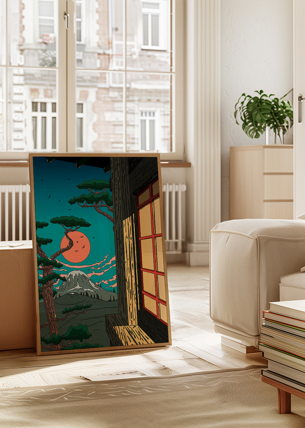 Landskabstavle med fyr og bjerg ved solnedgang – Product3