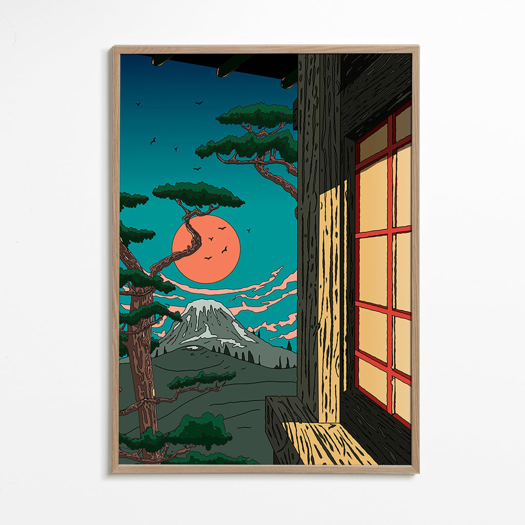 Landskabstavle med fyr og bjerg ved solnedgang – Oak Frame